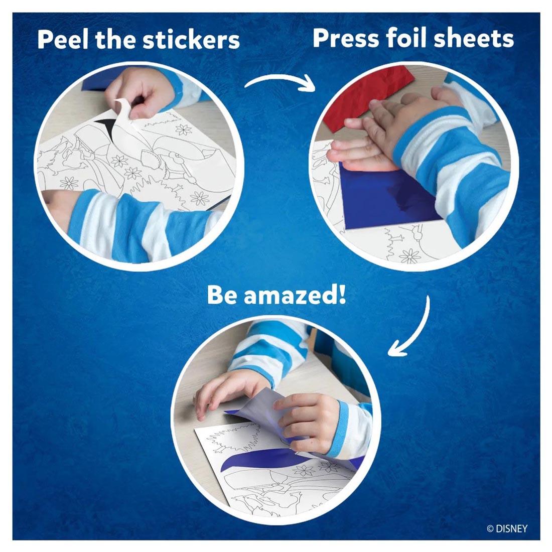 3-step infographic for Foil Fun Disney Frozen By Skillmatics: Peel the stickers; Press foil sheets; Be amazed!