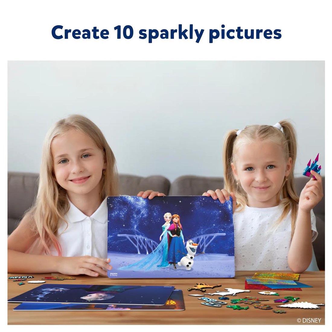 2 children playing with Foil Fun Disney Frozen By Skillmatics with text: Create 10 sparkly pictures