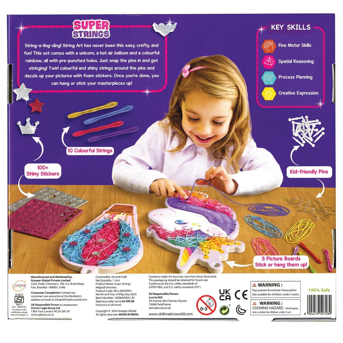 back package of Unicorn Magic String Art Kit, showing contents and young girl working on a string art unicorn