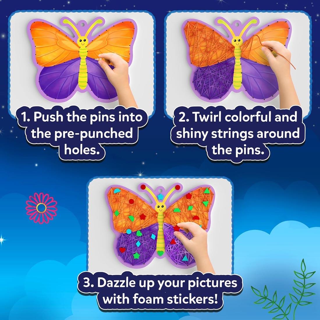 3 images showing how to complete the simple string art craft