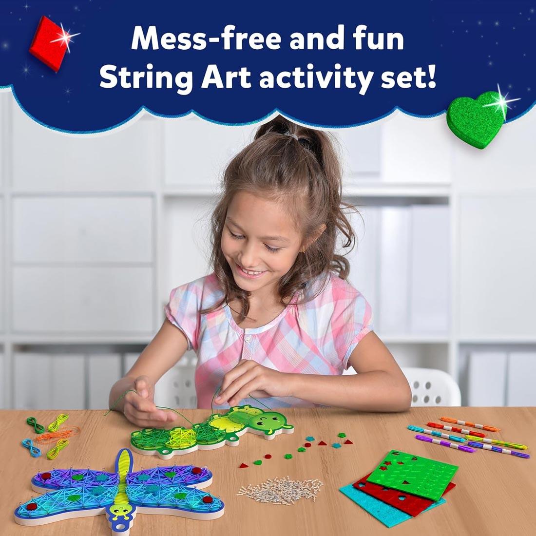 girl working on a string art project, with the words: Mess-free and fun String Art activity set