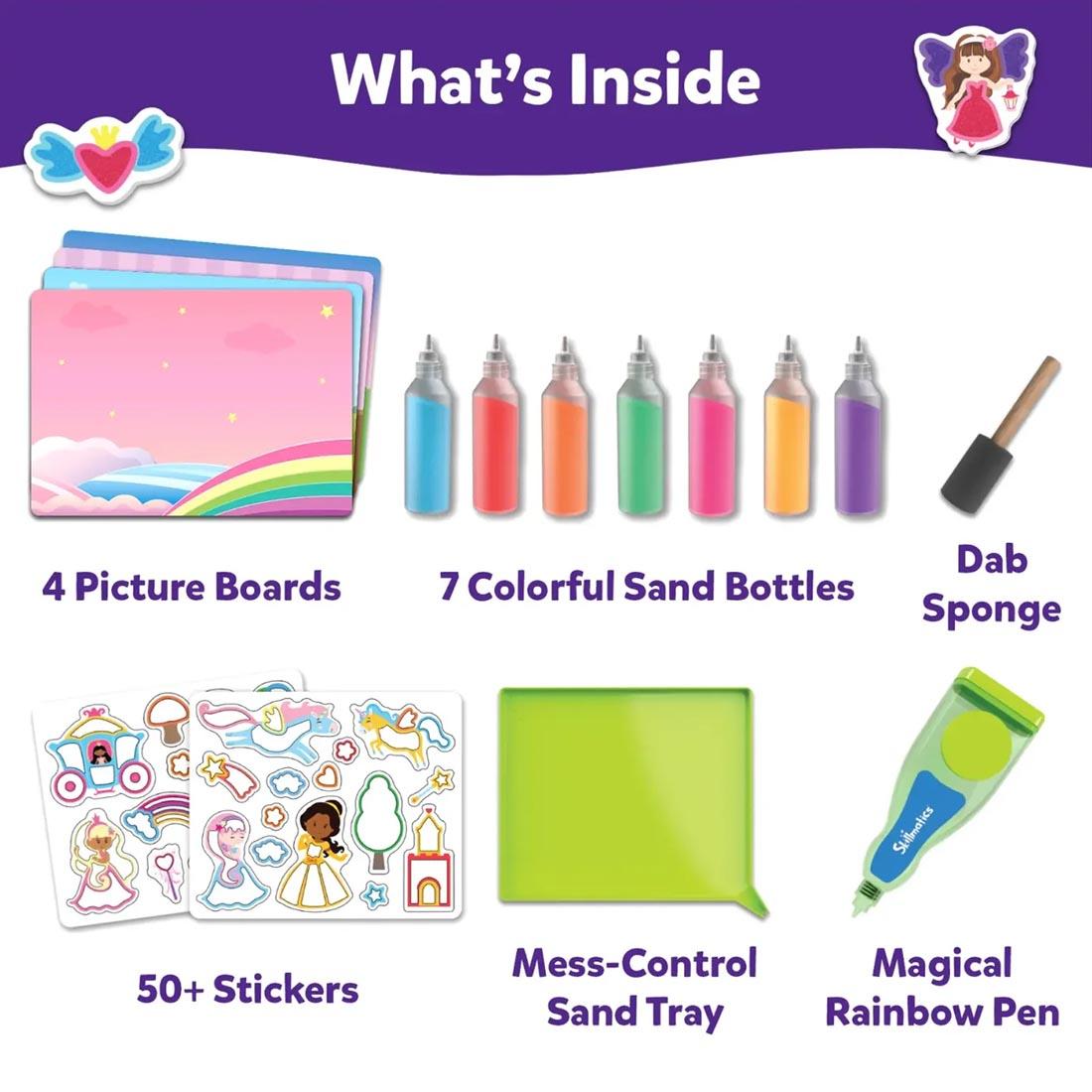 contents of Sand-Tastic Art Unicorns & Princesses Kit, incuding picture boards, sand bottles, stickers and more