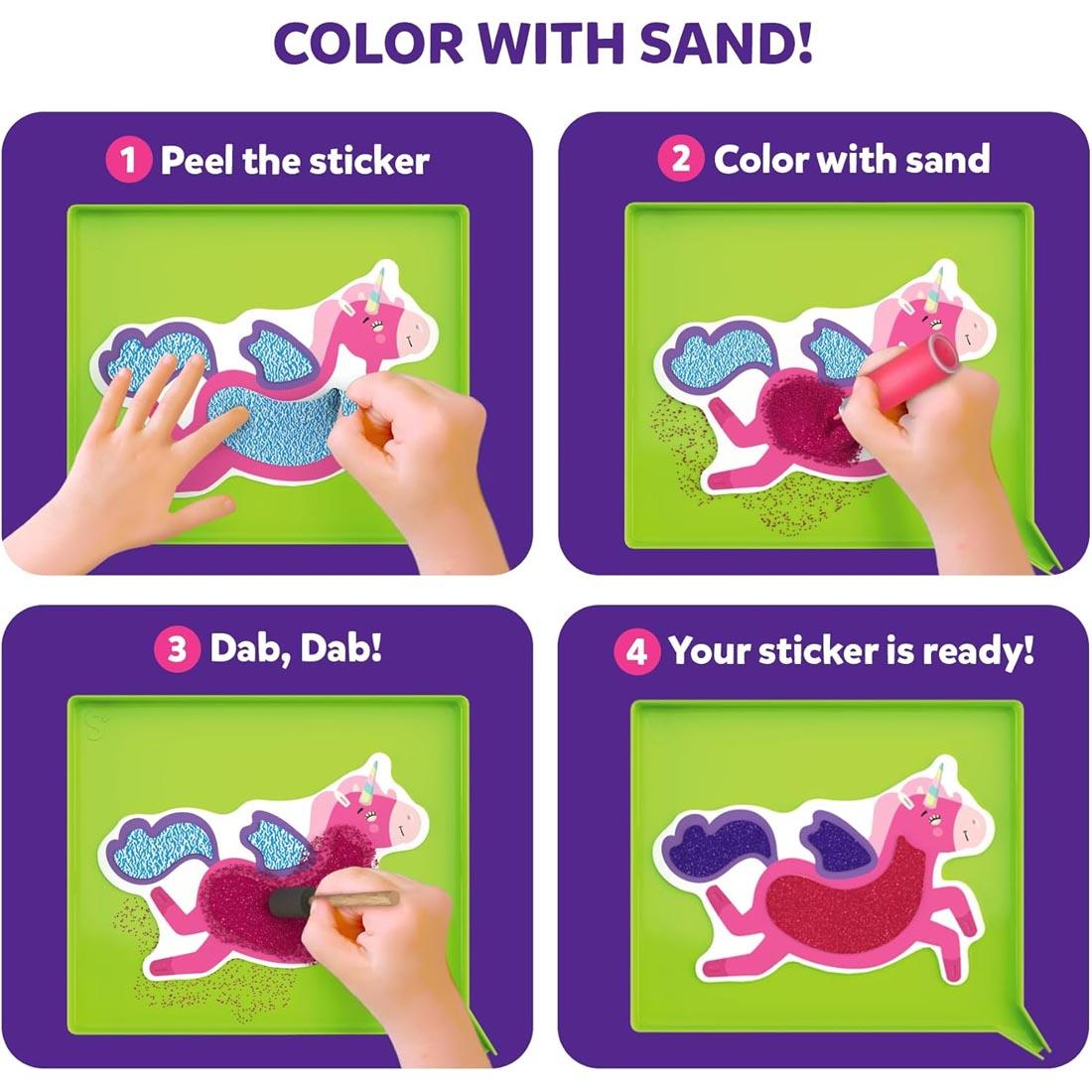4 pictures showing simple instructions for customizing sand stickers