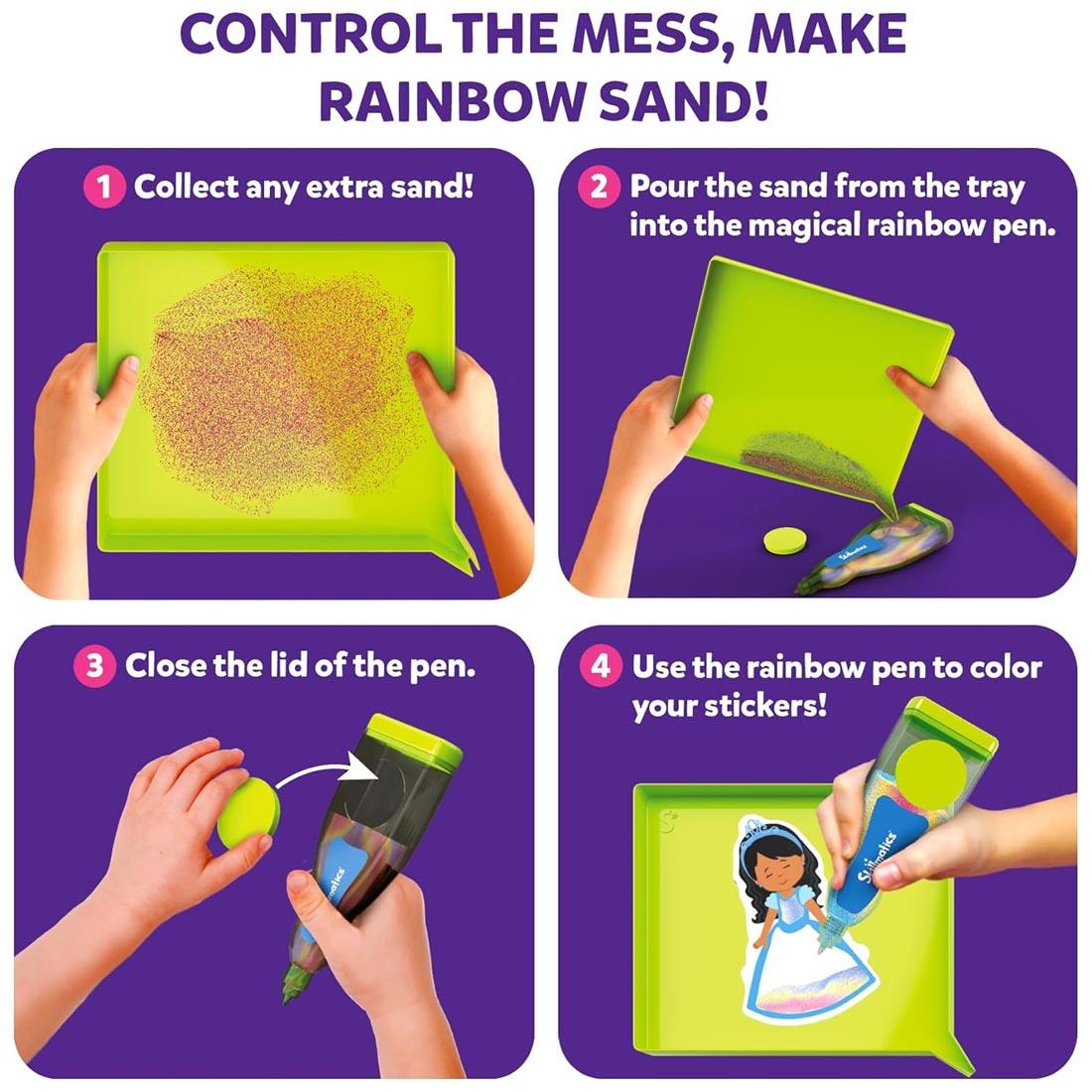 4 pictures showing simple instructions for using the rainbow sand pen