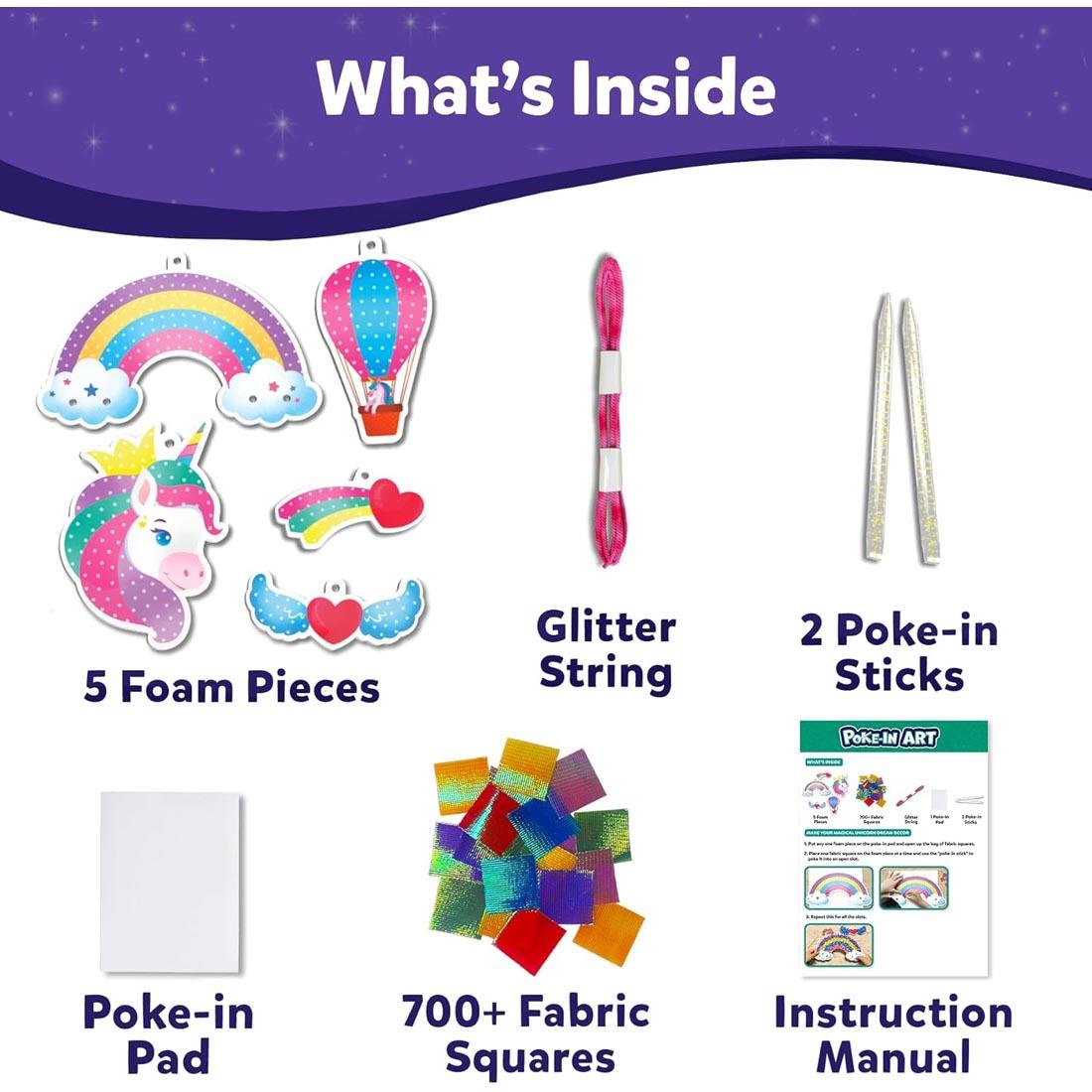 contents of Poke-In Art Magical Unicorn Dream Decor Craft Kit, including foam backgrounds, glitter sting, fabric squares and more