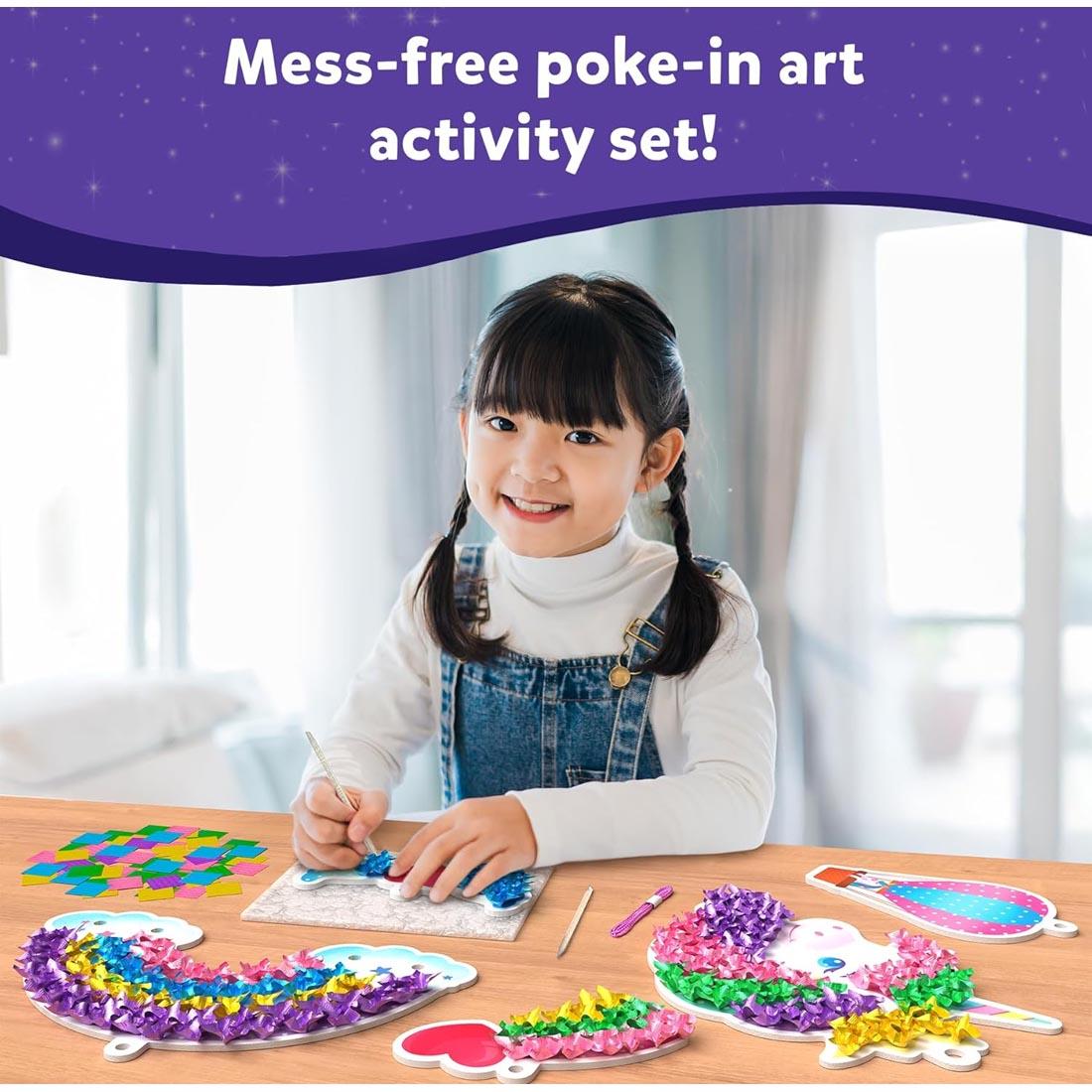 girl working on poke-in art project, plus the words: Mess-free poke-in art activity set!