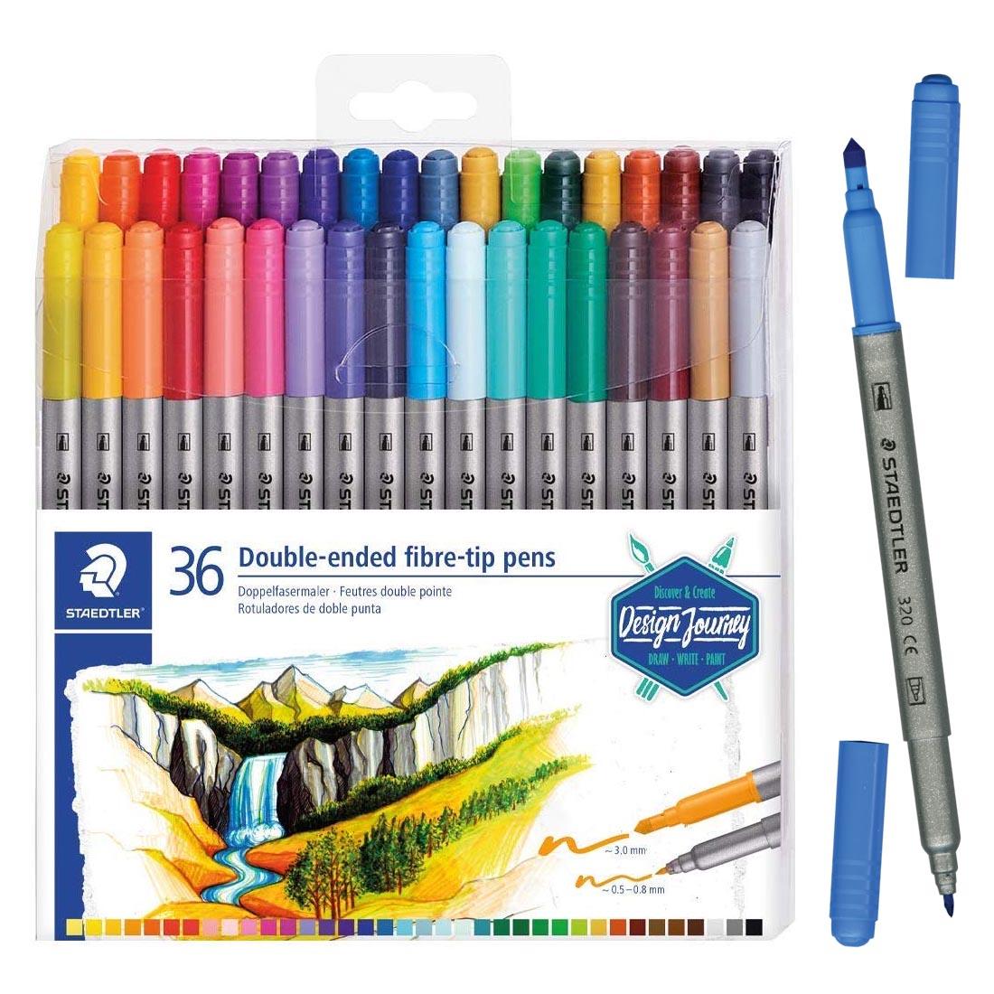 Staedtler Double-Ended Fibre-Tip Pens 36-Count Package beside individual pen with both caps off.