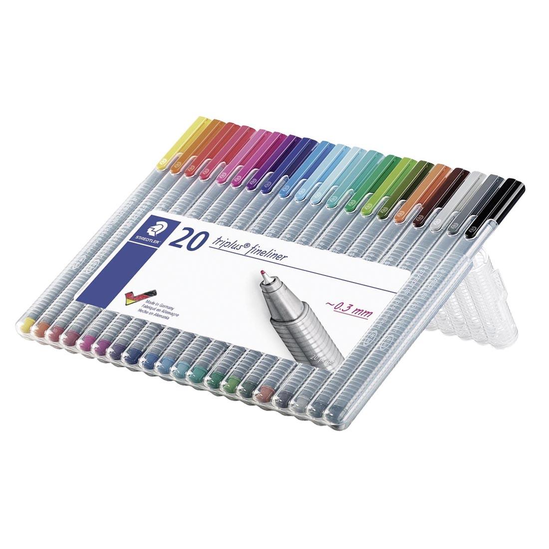 Staedtler Triplus Fineliner 20-Color Set, shown with package open and resting on the built-in stand