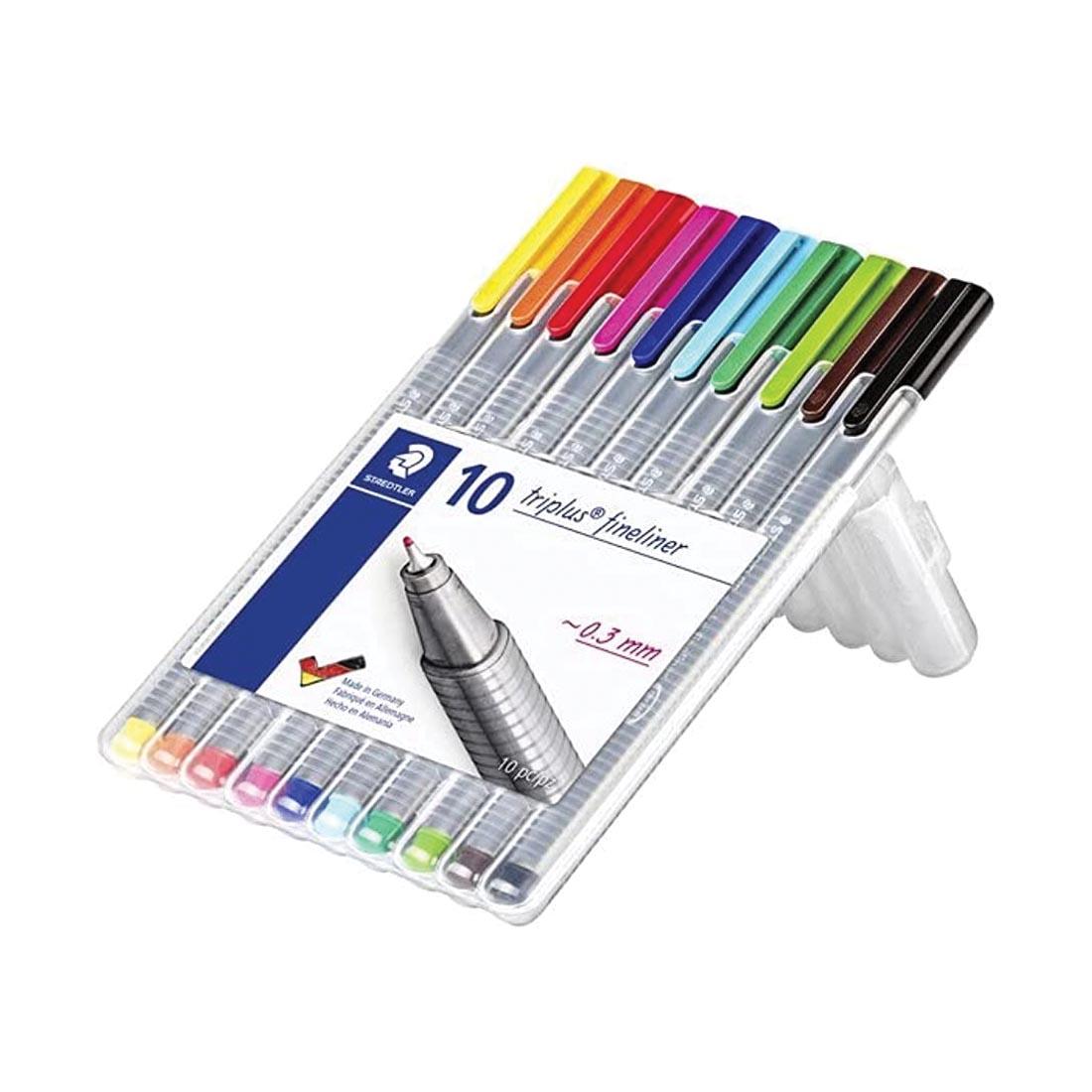 Staedtler Triplus Fineliner 10-Color Set, shown with the package open and resting on the build-in stand