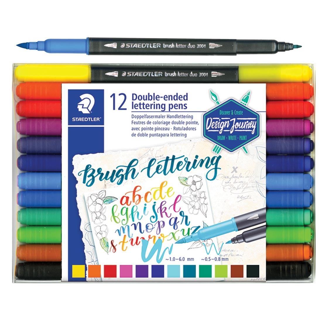 Staedtler Double-Ended Lettering Pens 12-Count Package below an individual pen with both caps off