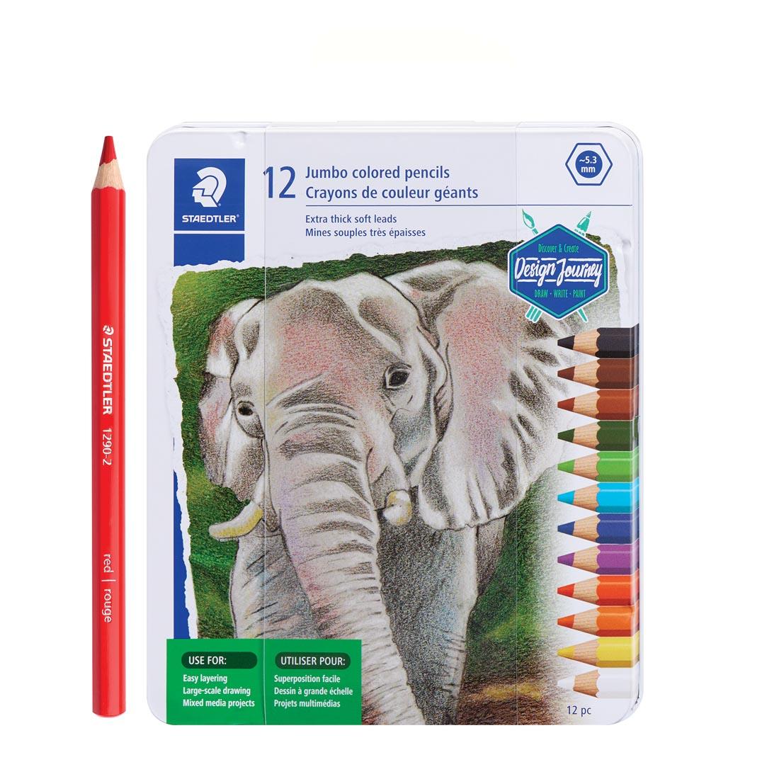 red pencil next to a package of Staedtler Jumbo Color Pencils 12-Color Set