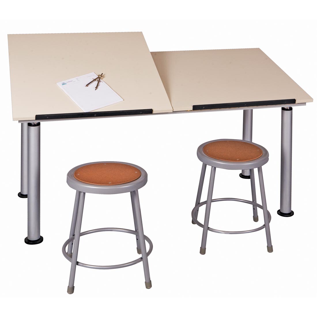 2-Student Station ALTD Table with one side's desk top in slanted position. Two stools are also shown.