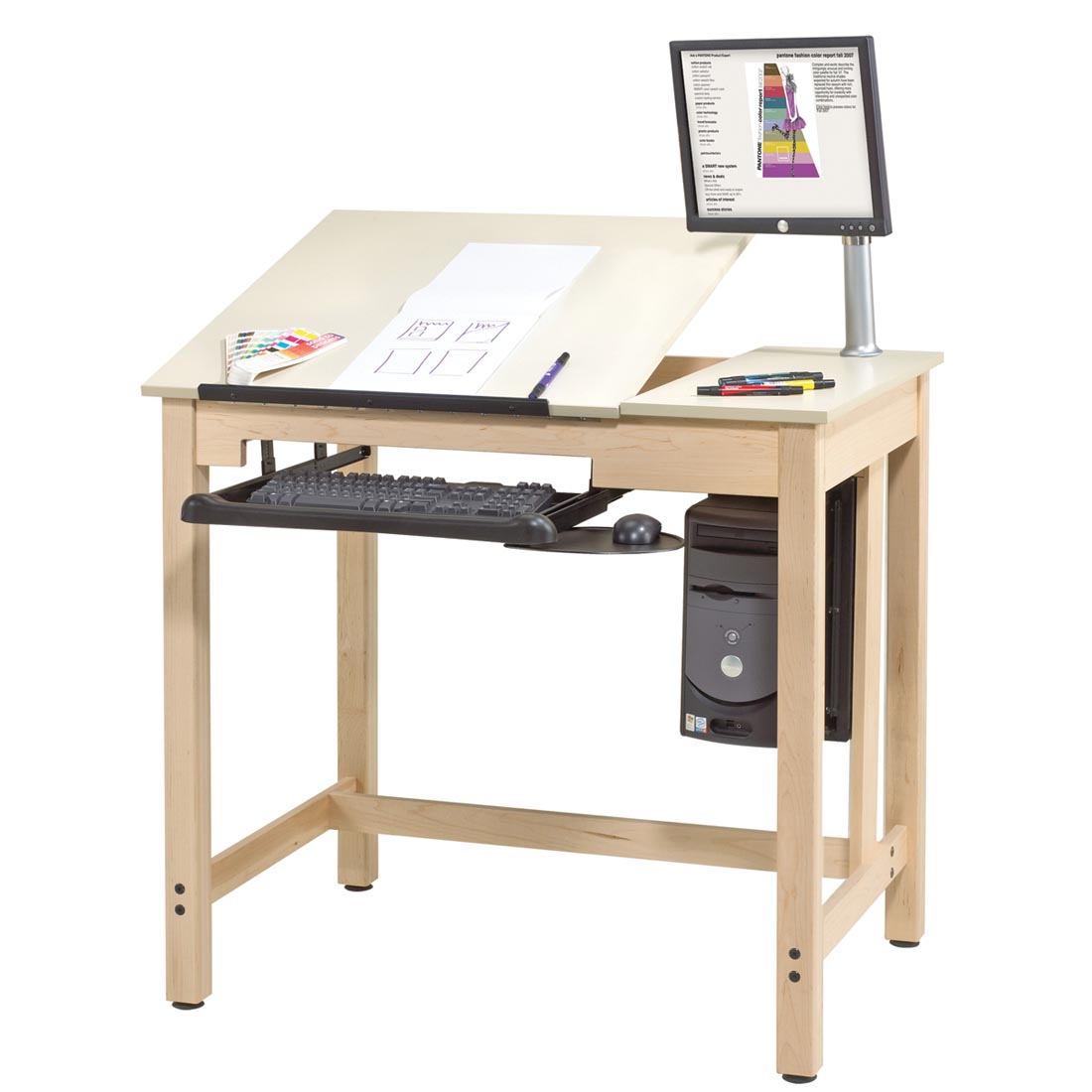 Drawing Table shown with mounted computer and drawing markers as a suggestion on how to use table