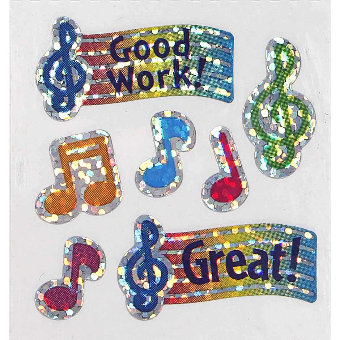 Music Reward Stickers include notes, treble clef sign, and staffs that say Good Work! and Great!