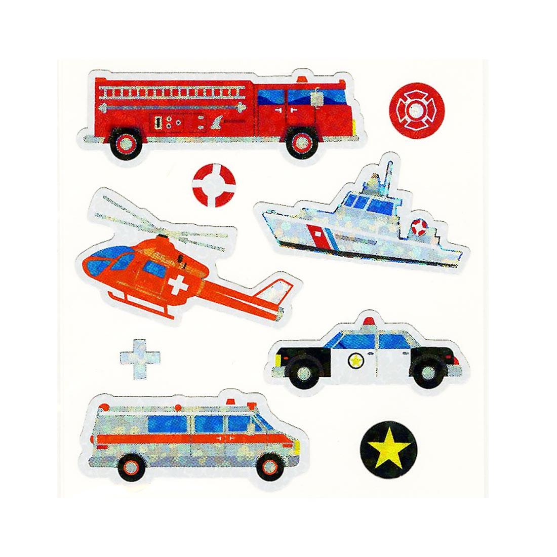 Emergency Vehicle Stickers include Fire Truck, Police Car, Ambulance