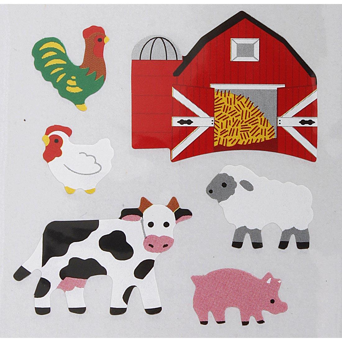 Farm Stickers include Rooster, Barn, Hen, Cow, Sheep, Pig