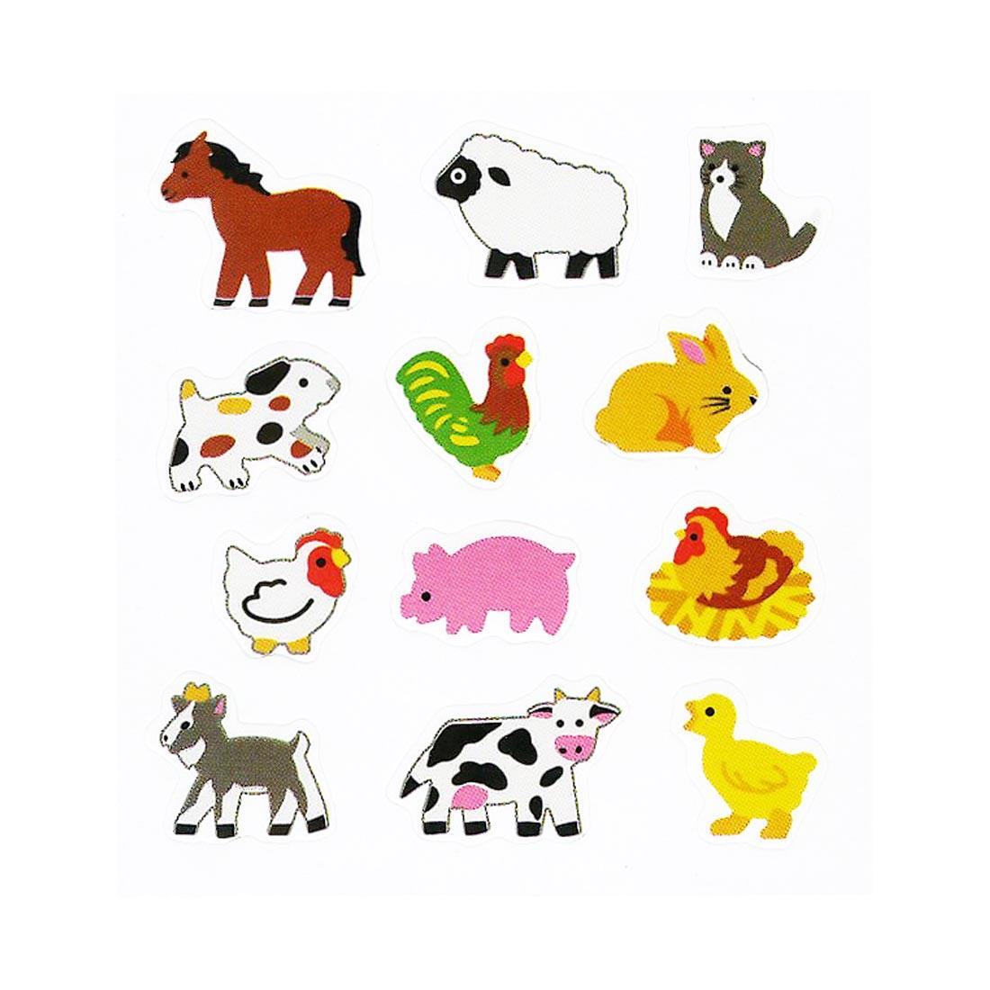 Farm Animal Stickers include horse, sheep, cat, dog, rooster, rabbit, hen, pig, chicken, goat, cow and duck