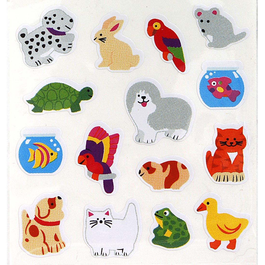 Pet Stickers include rabbit, hamster, turtle, frog, duck, and several cats, dogs, fish and birds