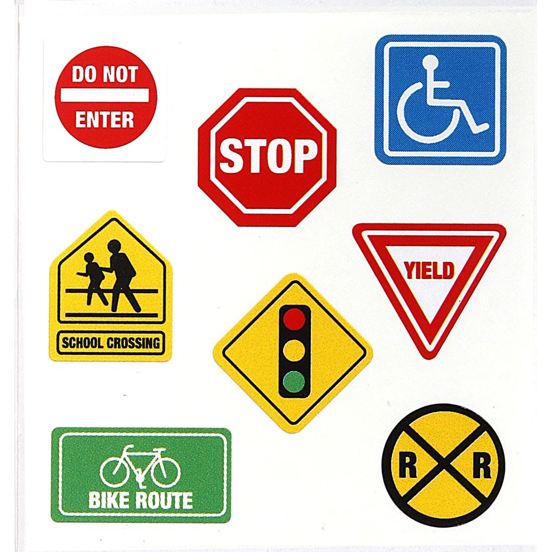 Traffic Sign Stickers include Do Not Enter, Handicap Parking, Stop, School Crossing, Yield, Stop Light, Bike Route and Railroad Crossing