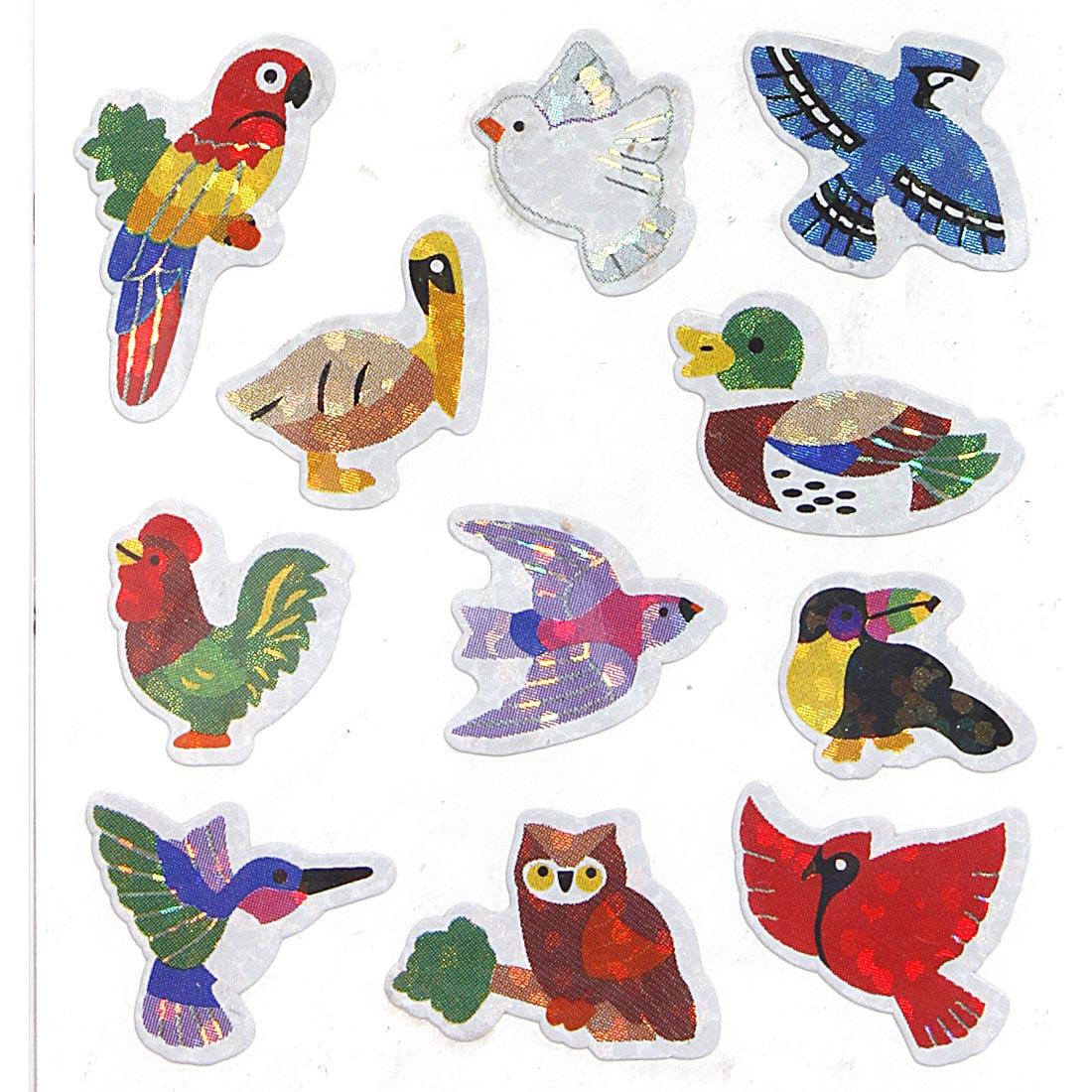 Bird Stickers include rooster, dove, blue jay, pelican, duck, toucan, hummingbird, owl, cardinal
