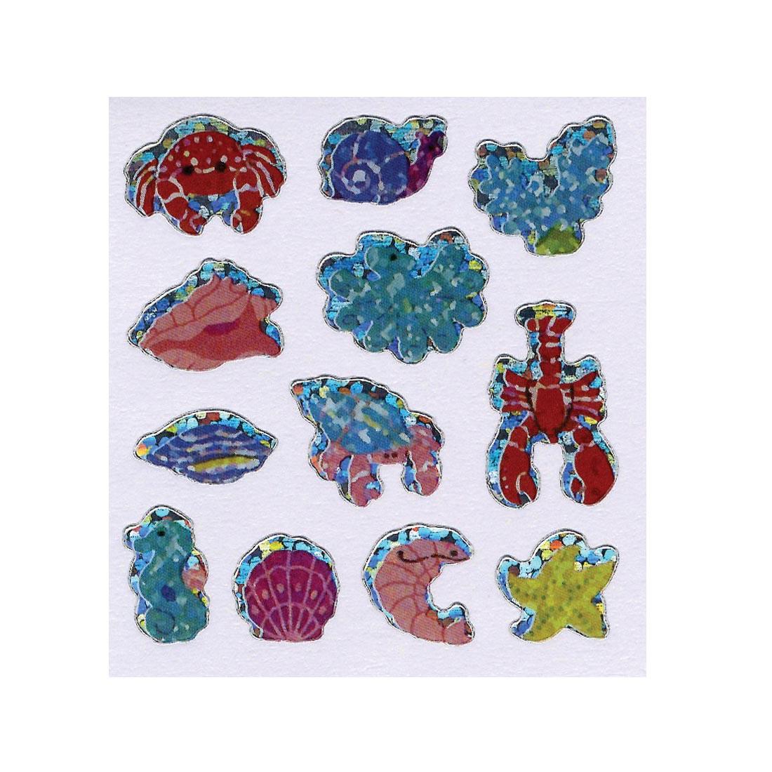Sea Creature Stickers include crab, snail, lobster, seahorse, sea star, shrimp and several shells