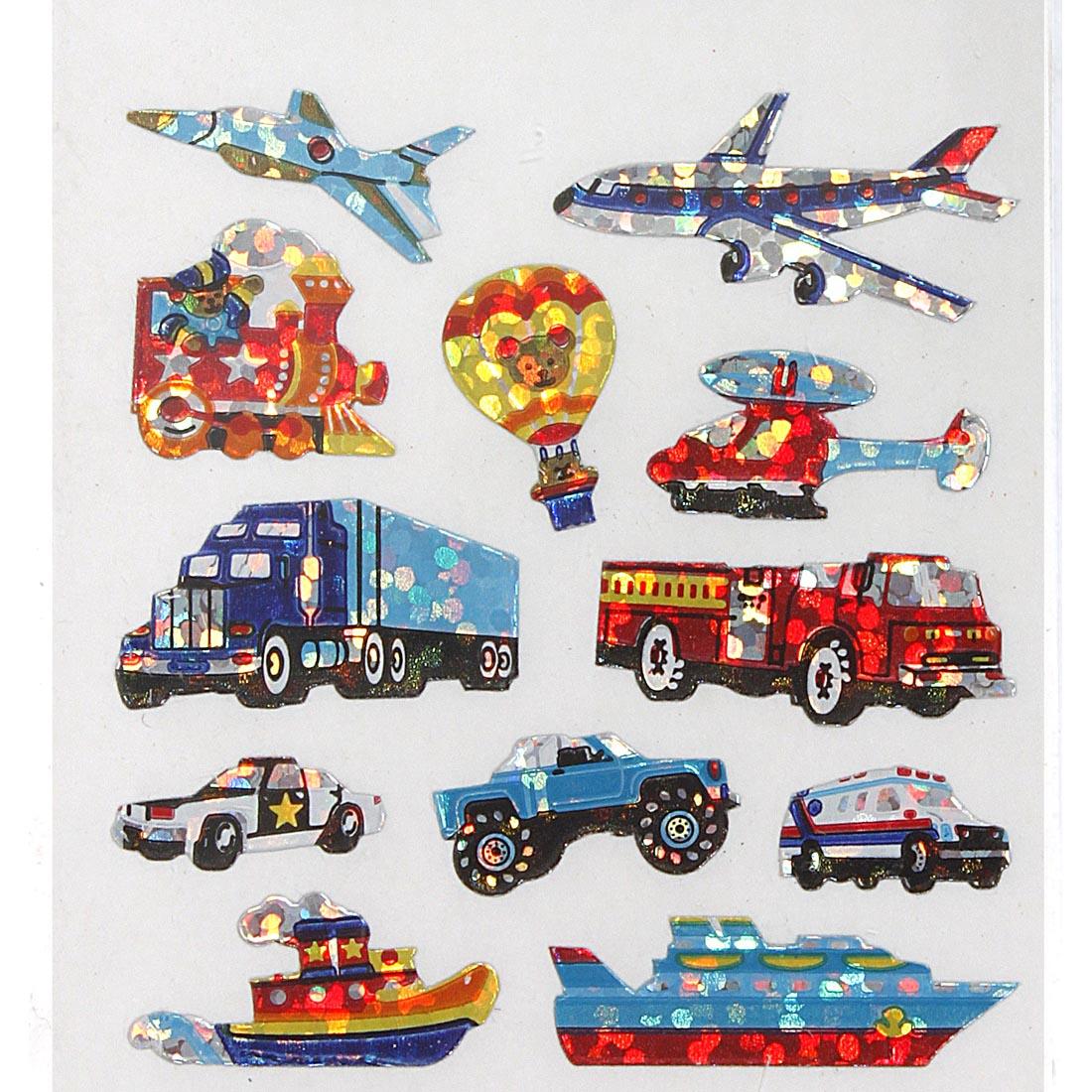 Transportation Stickers include planes, train, boats, trucks, cars, helicopter and hot air balloon