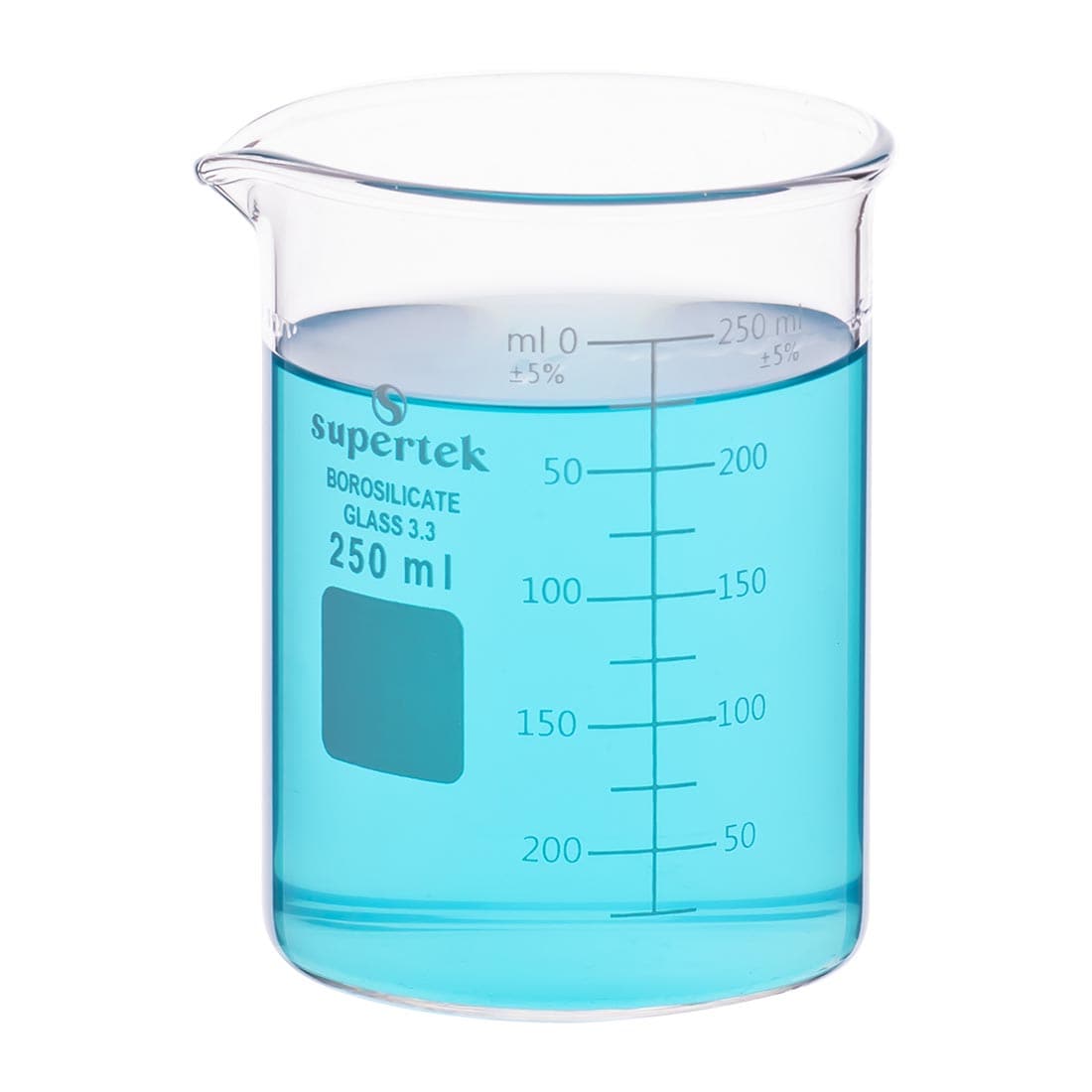 250ml Glass Beaker filled with a blue liquid