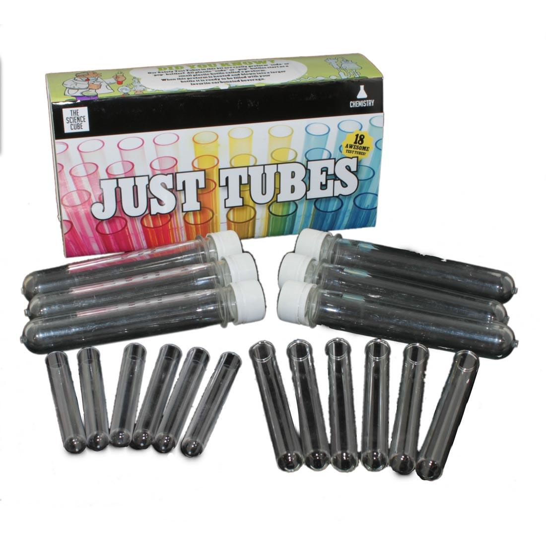 The Science Cube Just Tubes Kit box with 18 test tubes in 3 different sizes