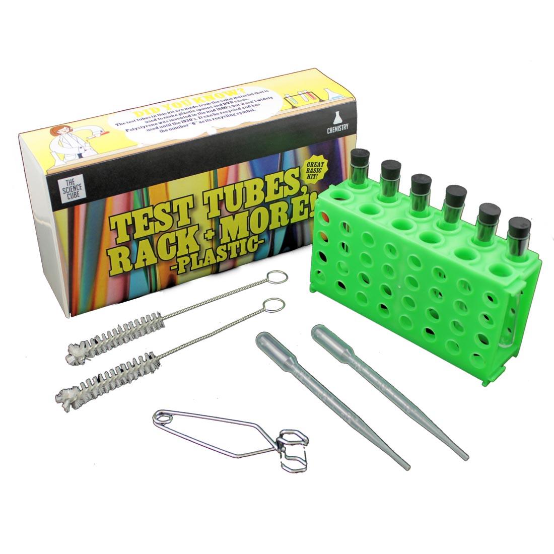 Components of The Science Cube Plastic Test Tubes, Rack and More Kit include plastic test tubes, tube rack, tongs, pipettes and test tube brushes