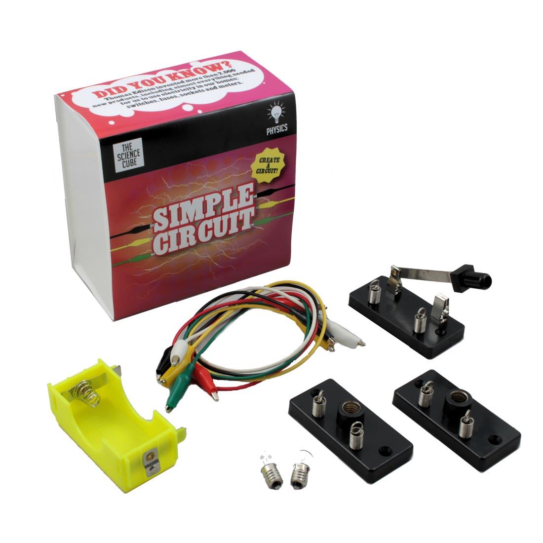 The Science Cube Simple Circuit Kit components shown outside the box