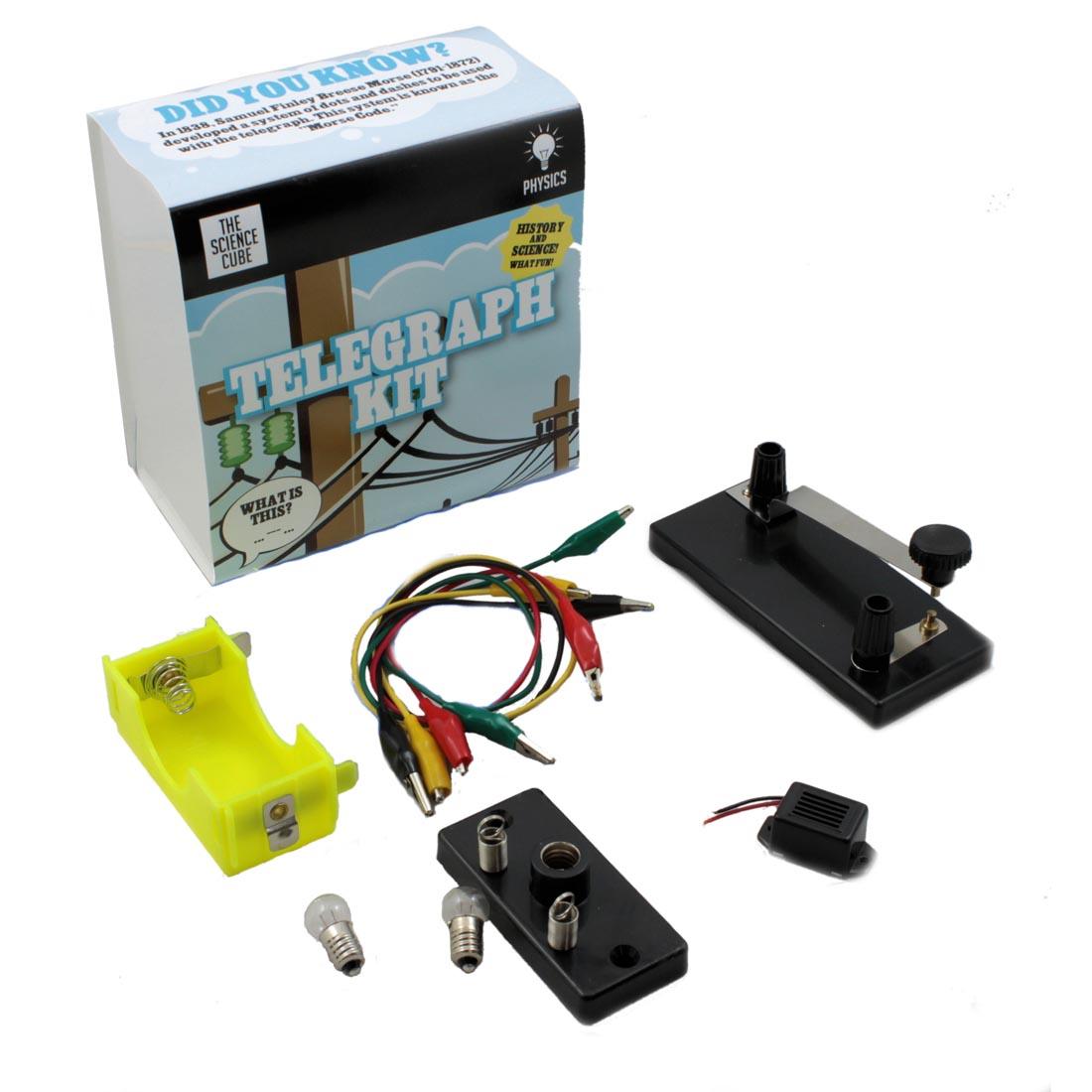 The Science Cube Telegraph Kit components shown outside the box
