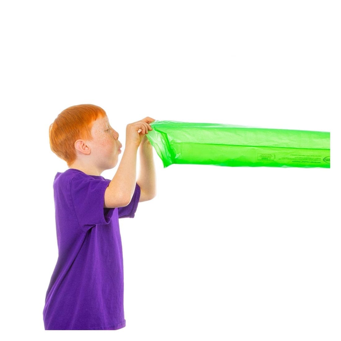 Child blowing in to a windbag from the All About Air Science Kit By Steve Spangler Science