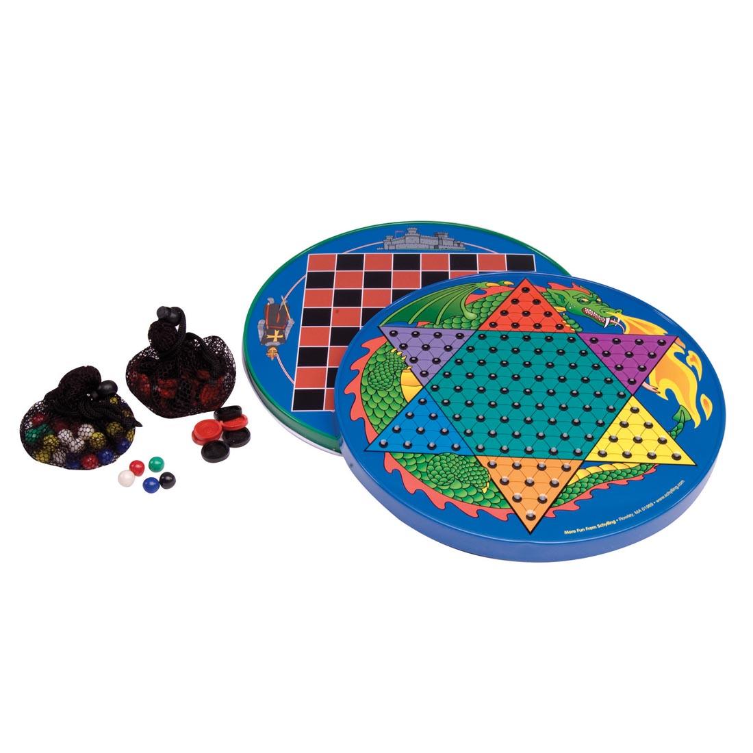 Chinese Checkers Tin with bags of checkers and marbles