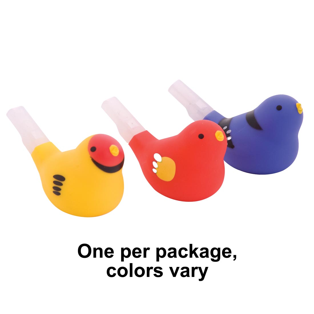 Three Mini Tweets Bird Whistles with the text One per package, colors vary