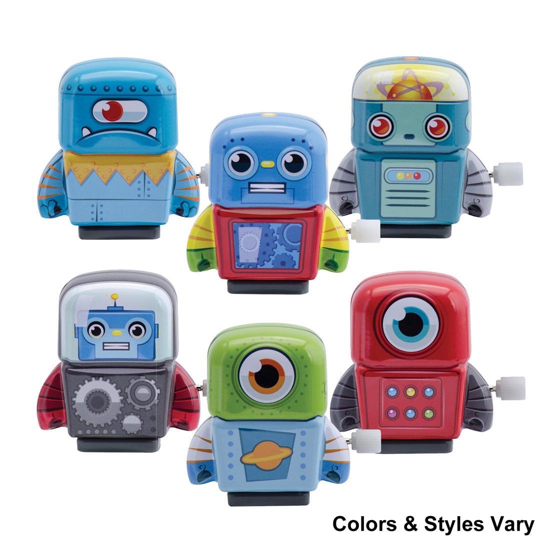 Six Mini Tin Wind Up Robot Toys with the text Colors & Styles Vary