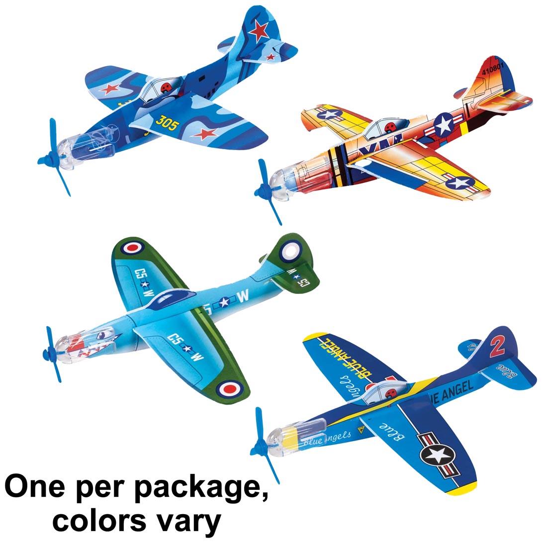 planes from the Retro Glider 4-Pack with the text One per package, colors vary