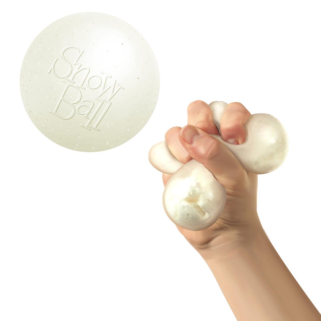 Snowball Crunchy Stress Ball next to a hand squeezing one