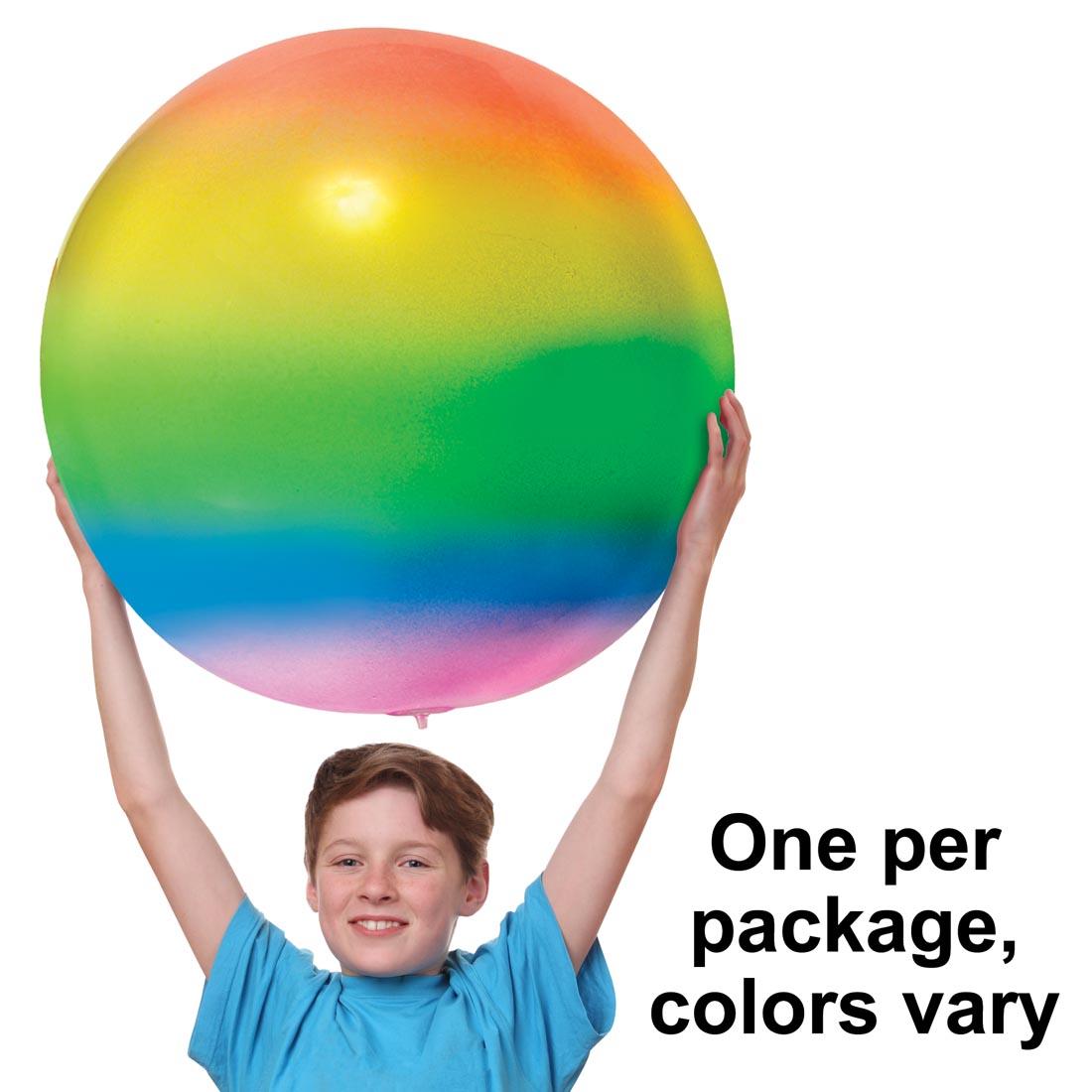 child holding a Jumbo Jelly Ball over their head, with the text One per package, colors vary