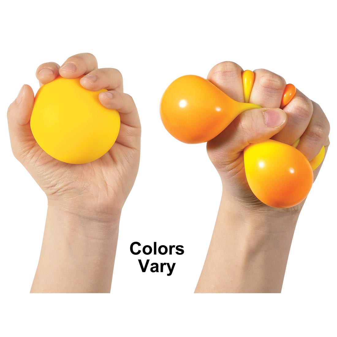 Two hands each holding a Color Change Nee Doh Stress Ball with the text Colors Vary