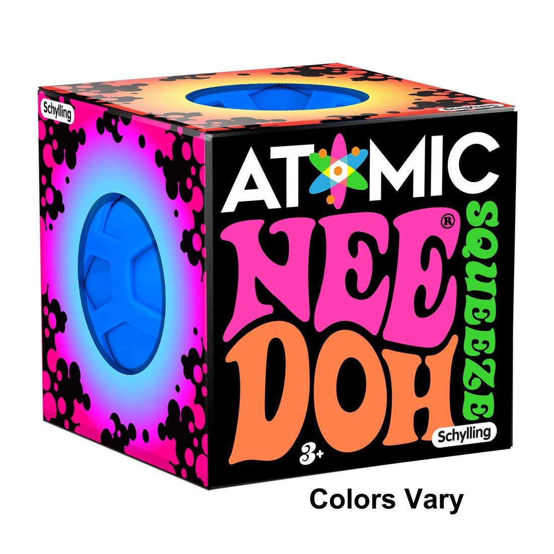 Atomic Nee Doh Stress Ball in package and the text Colors Vary