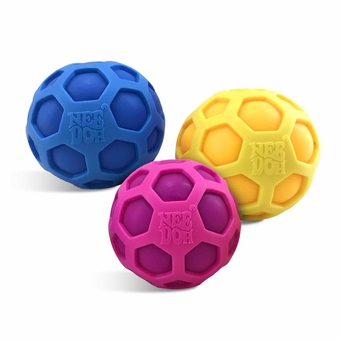 Three different colors of Atomic Nee Doh Stress Balls