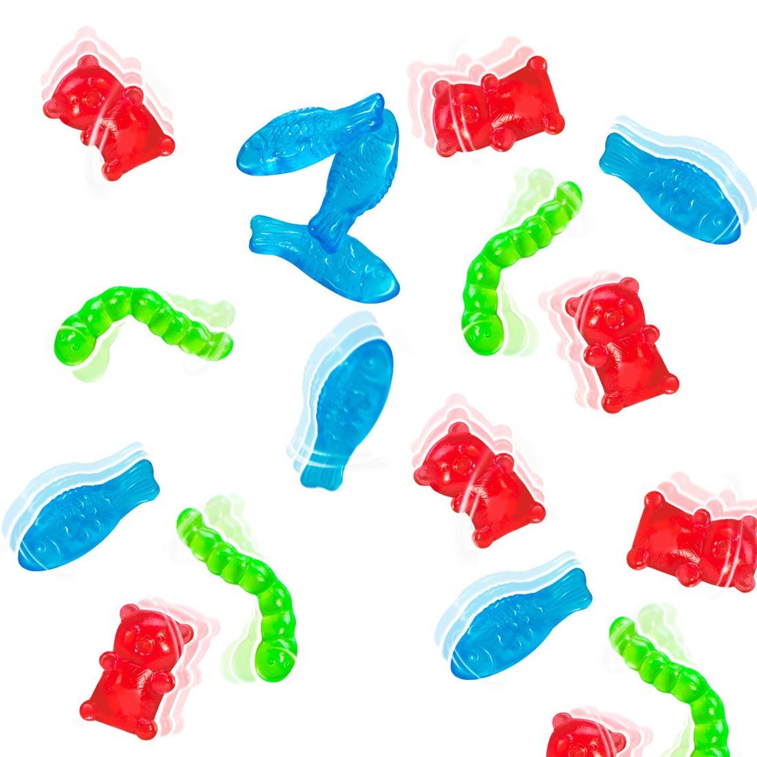 Gummies Wally Crawlys in several poses and stages, with action lines to indicate motion