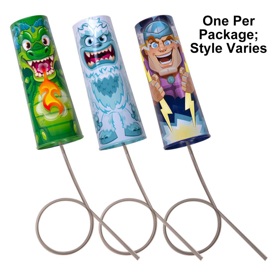 3 different Tin Thunder Shaker By Schylling Toys with the text One Per Package; Style Varies