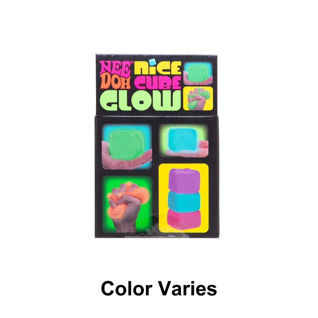 back of package of Nee Doh Glow Nice Cube plus text: Color Varies