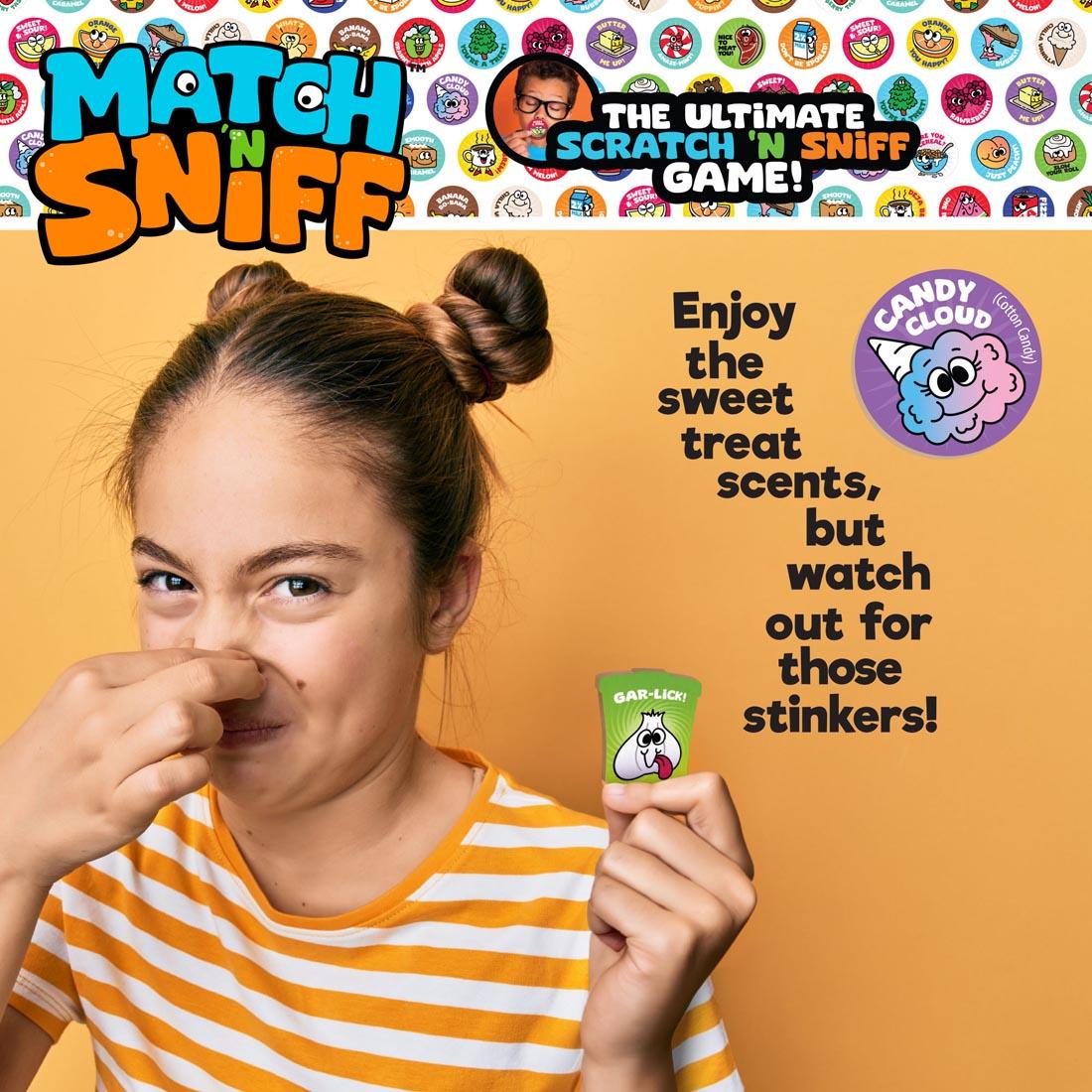 child holding their nose and a Gar-Lick token from the Match 'N Sniff Sweet & Smelly Game plus text Enjoy the sweet treat scents, but watch out for those stinkers!
