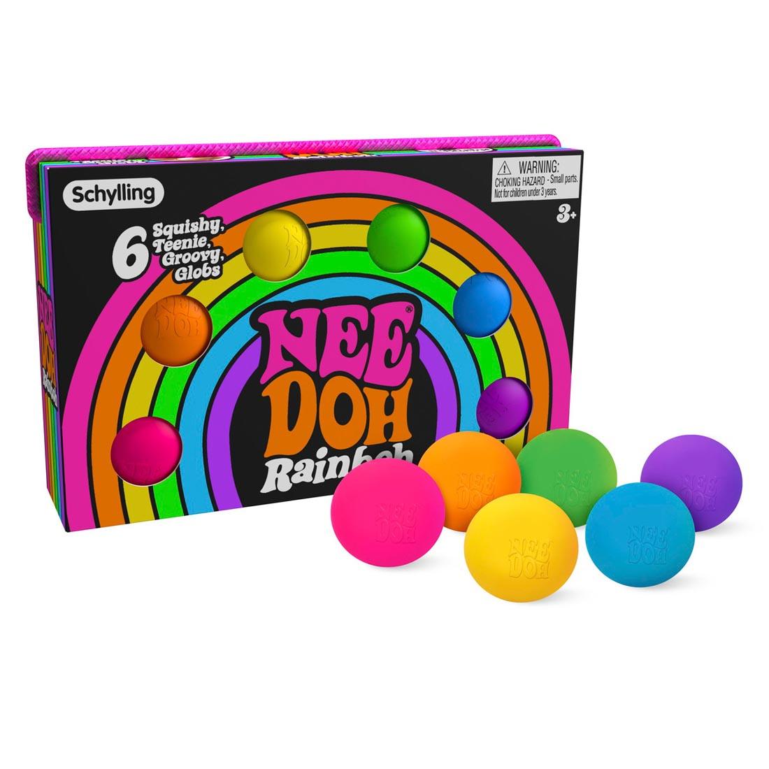 Six Teenie Nee Doh Rainboh balls outside their package