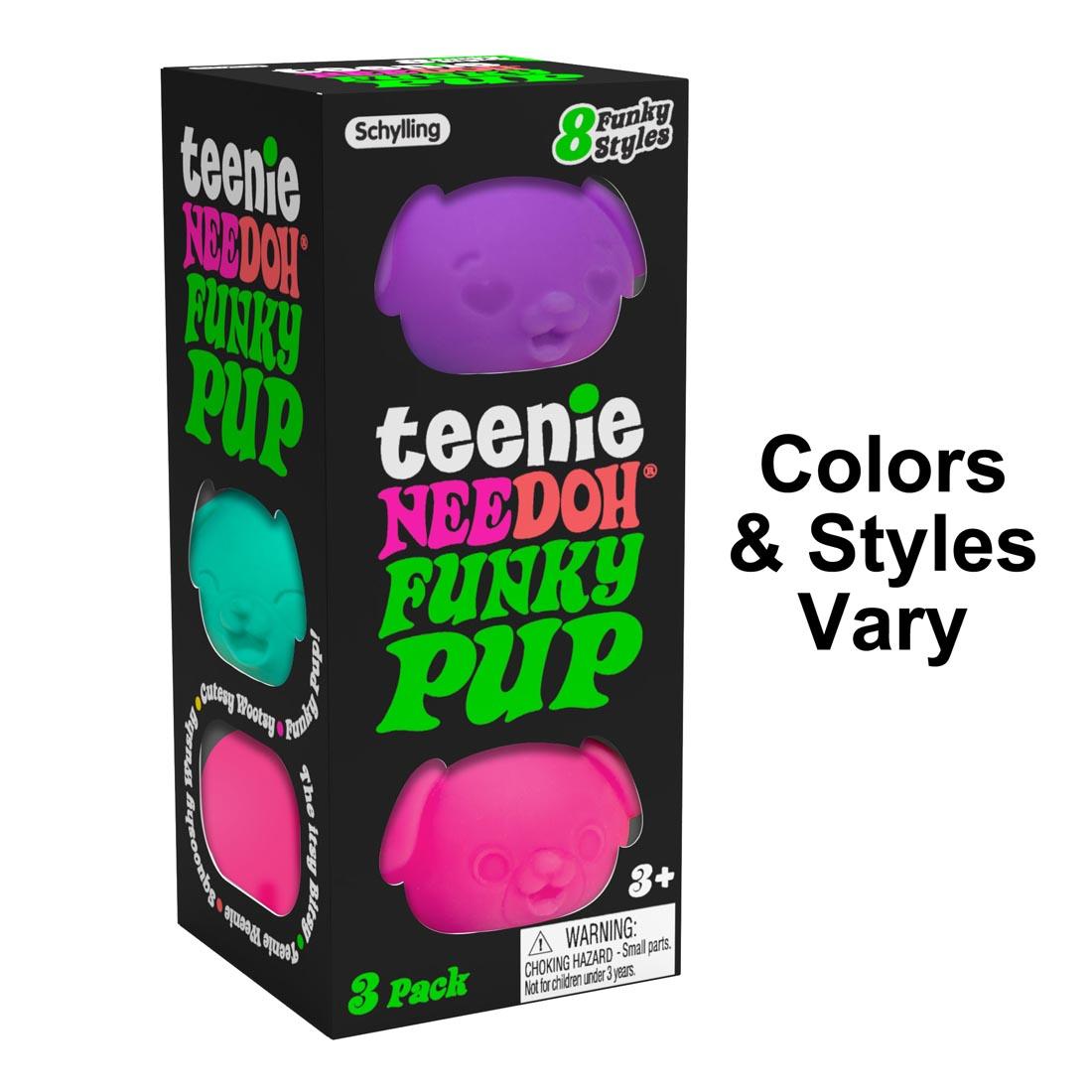Teenie Nee Doh Funky Pups 3 Pack, with the words "colors & styles vary"