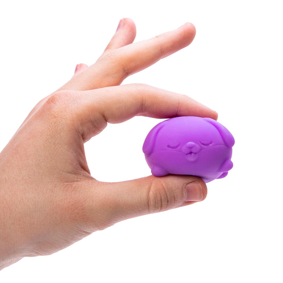Hand shown holding a Teenie Nee Doh Funky Pup with thumb and forefinger