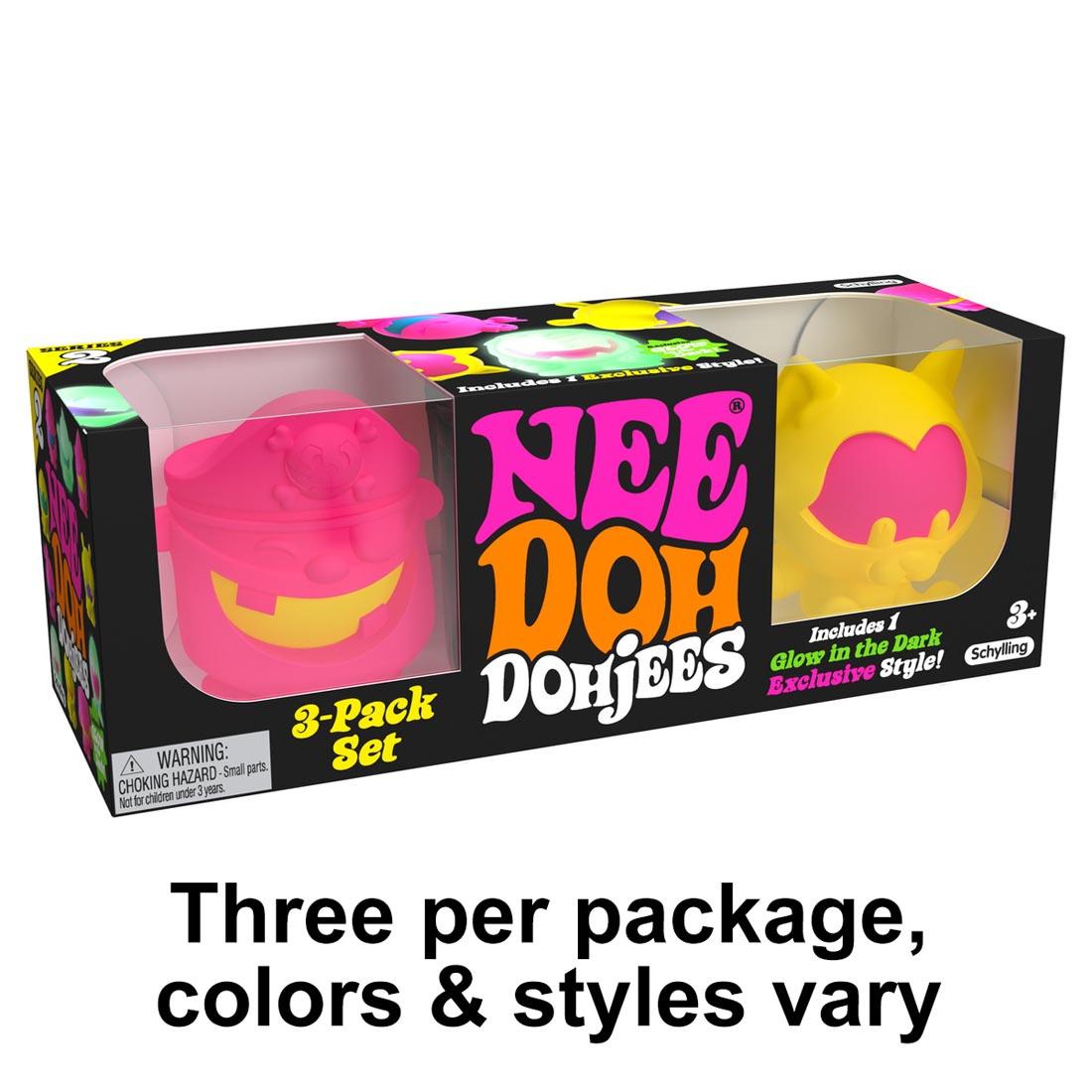 box for Nee Doh Dohjee 3 Pack with text Three per package, colors & styles vary