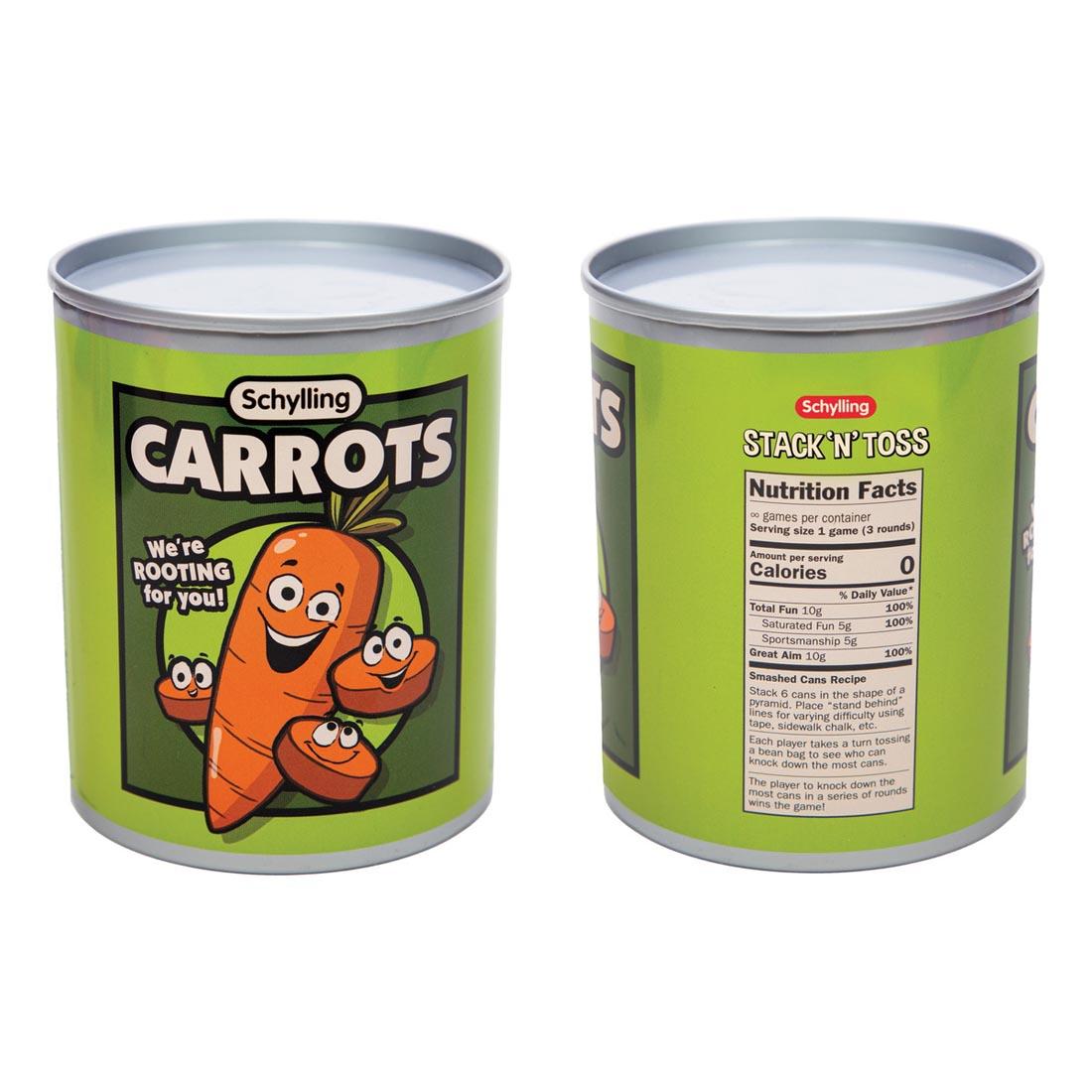 front and back of the carrots can from the Stack 'N Toss Set By Schylling Toys